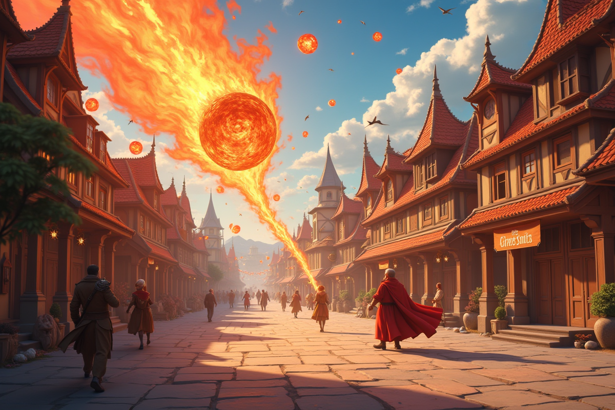 Scène d action dans une place de ville fantasy avec feu et clés célestes