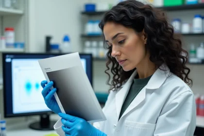 Scientifique en laboratoire analysant des nuances de gris entre le noir et le blanc sur une planche de couleurs imprimée