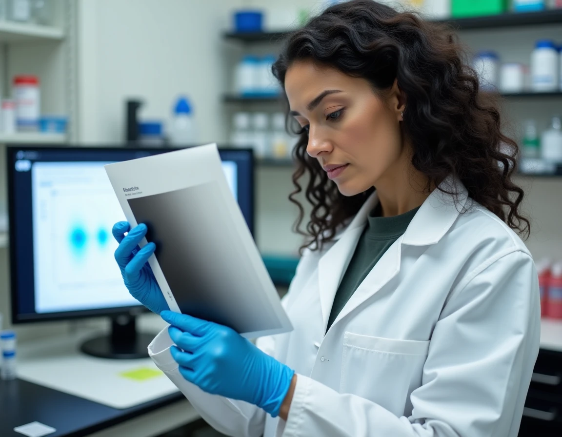 Scientifique en laboratoire analysant des nuances de gris entre le noir et le blanc sur une planche de couleurs imprimée