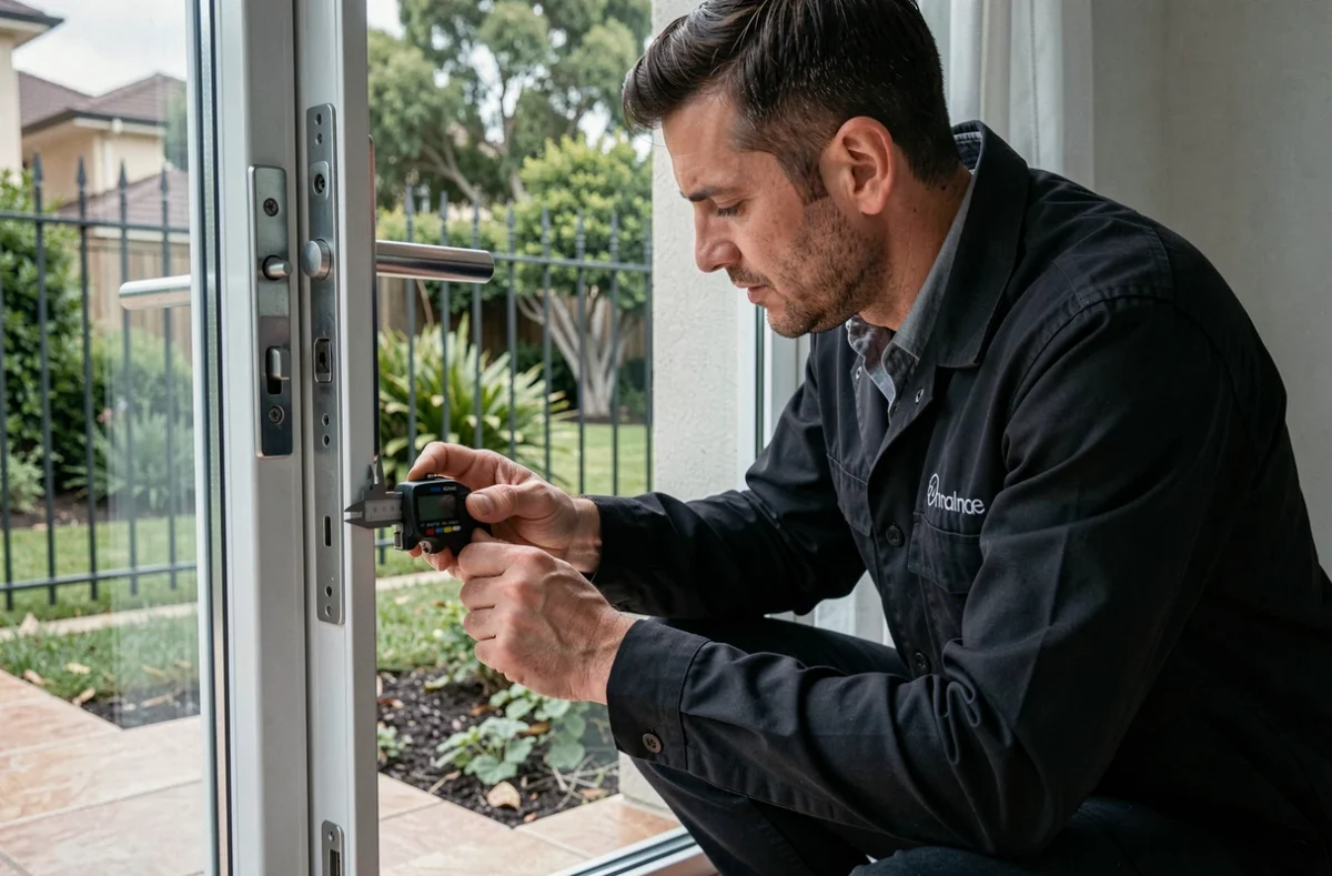 Serrurier Sebti mesurant un mécanisme de serrure multipoints sur une porte de maison individuelle dans le Vaucluse