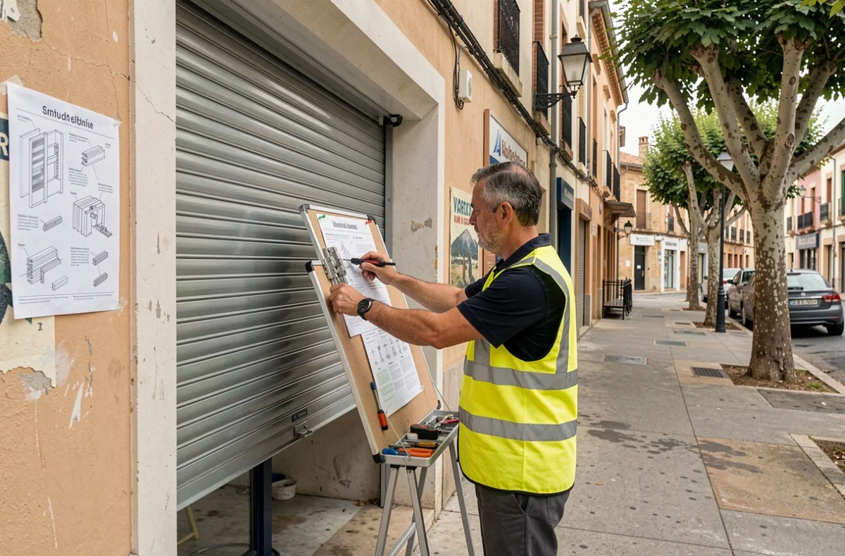 Technicien de Serrurier Pose Fermeture Dépannage PFD installant un volet roulant sur une devanture commerciale dans le Vaucluse