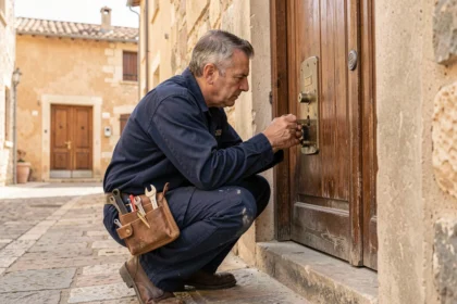 Serrurier professionnel intervenant sur une porte en bois dans un village du Vaucluse, illustrant le top 10 des serruriers de la région en 2026