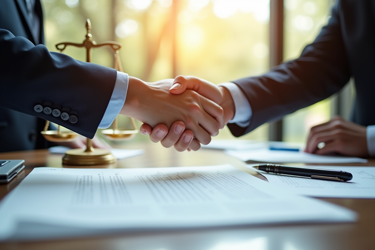 Deux personnes signant un contrat avec la balance de justice