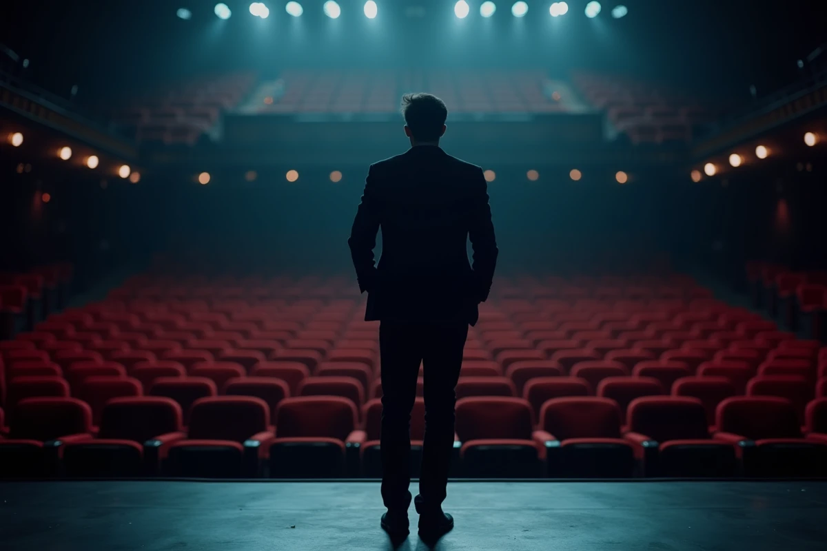 Silhouette masculine seule sur la scène d'une salle de concert vide, symbolisant la solitude derrière la célébrité