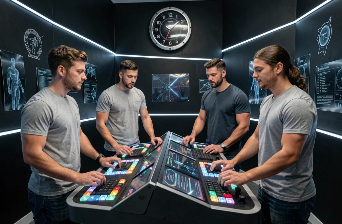 Équipe de joueurs devant une console high-tech dans la salle futuriste de Skryptic Escape Game Toulouse
