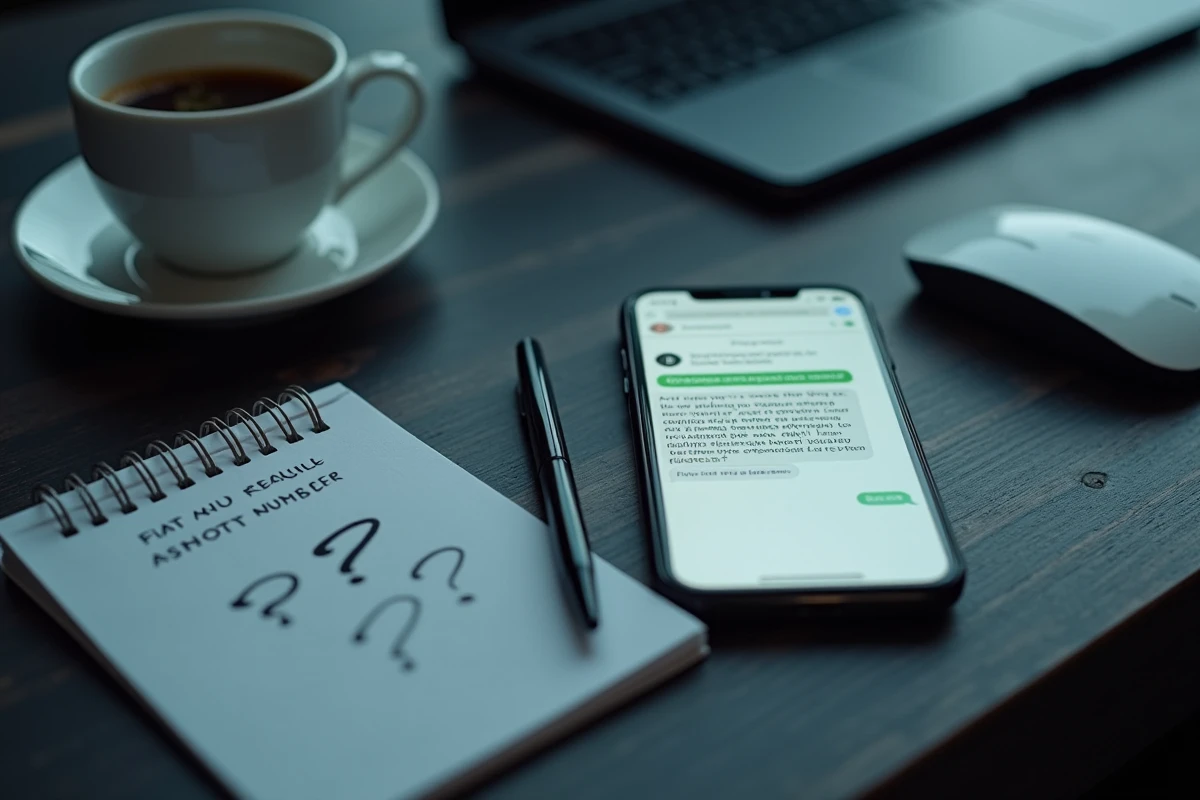 Smartphone affichant un SMS frauduleux avec numéro surtaxé posé sur un bureau avec notes manuscrites