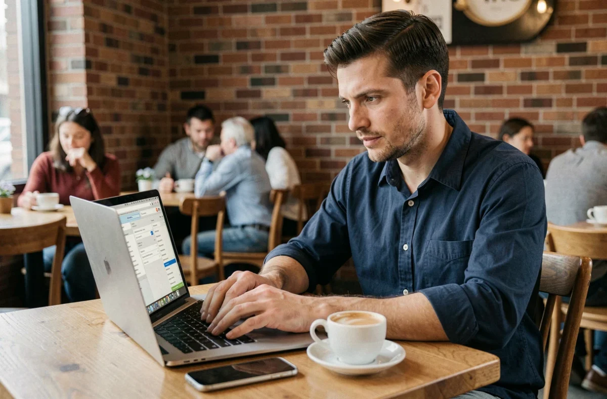 Homme dans un café utilisant un ordinateur portable et un smartphone pour tester l'envoi de SMS gratuit sans numéro de téléphone