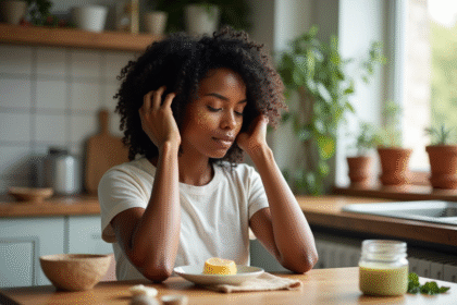 Jeune femme noire applique un masque capillaire maison
