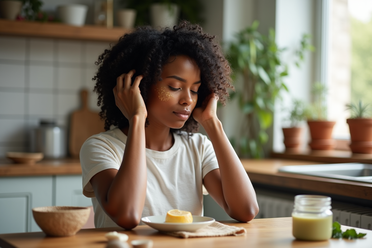 Jeune femme noire applique un masque capillaire maison