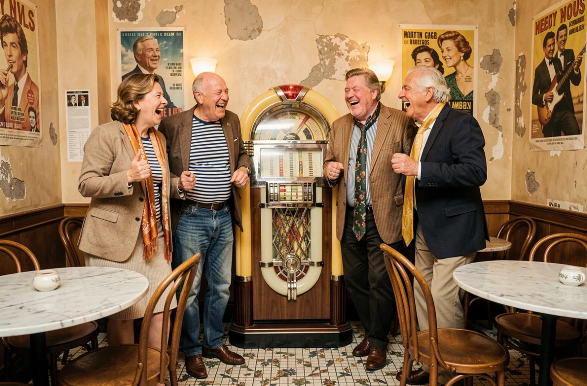 Groupe d'amis chantant des chansons françaises des années 60 autour d'un jukebox dans un bistrot rétro parisien