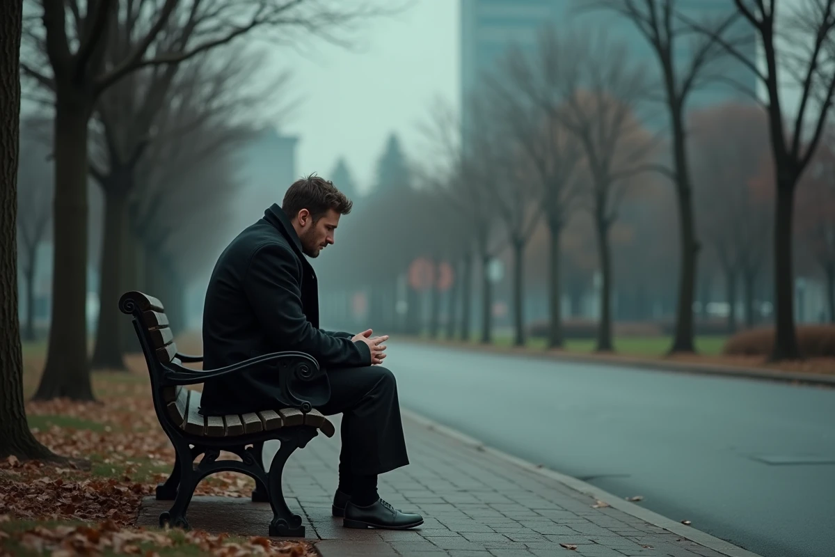 Homme seul assis sur un banc dans un parc vide, regard perdu, illustrant la solitude et la dépression
