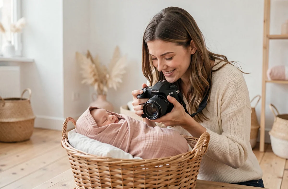 Photographe de Studio Lumiart à Marseille photographiant un nouveau-né dans un couffin en osier dans un studio cosy aux tons pastel