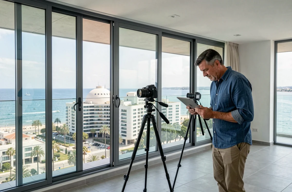Photographe immobilier de Studio Phocéen cadrant un appartement contemporain à Marseille avec vue sur le MuCEM et la Méditerranée