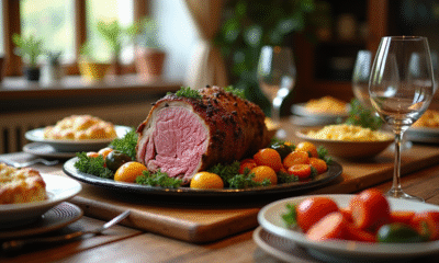 Table rustique avec repas familial et gigot d'agneau
