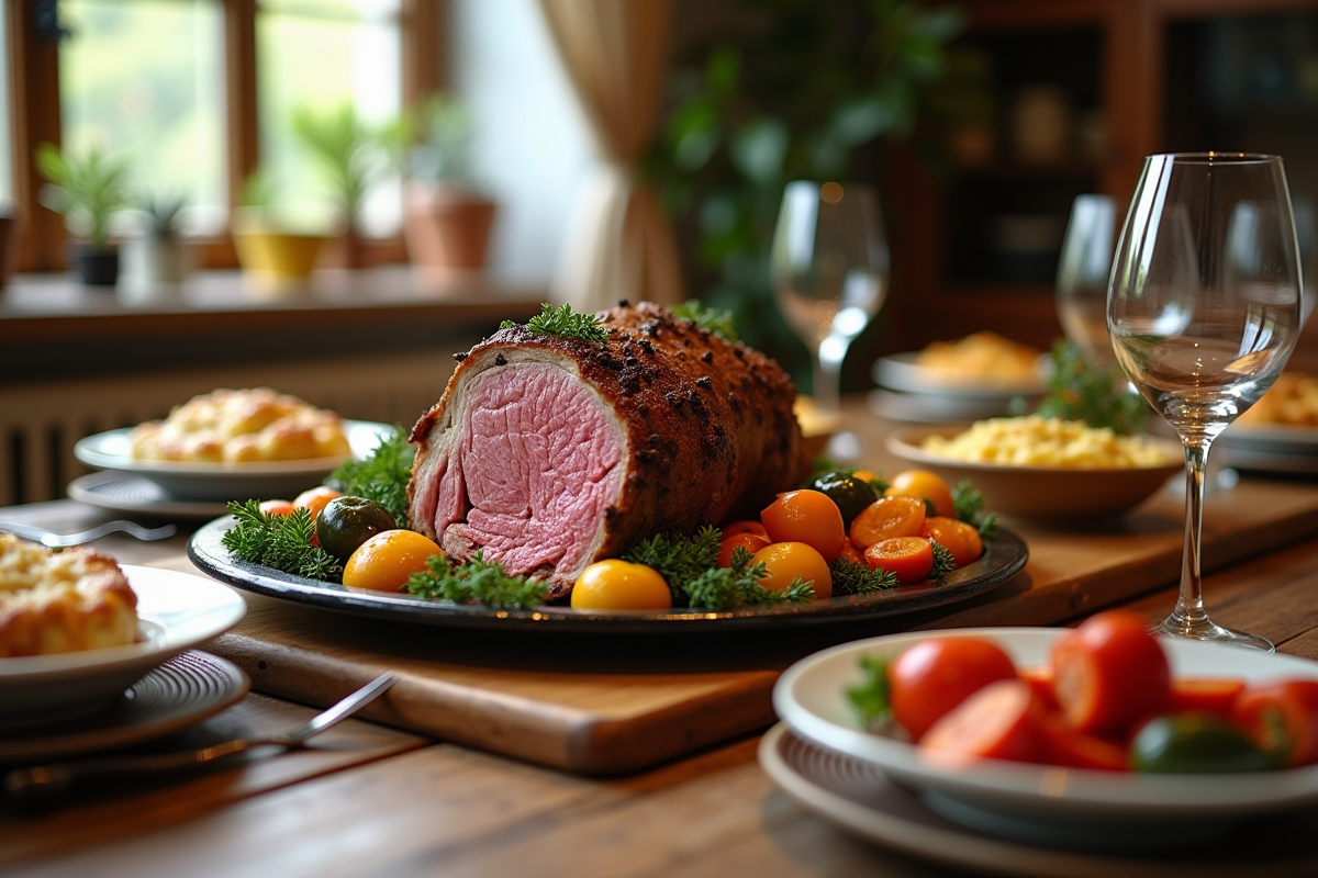 Table rustique avec repas familial et gigot d'agneau