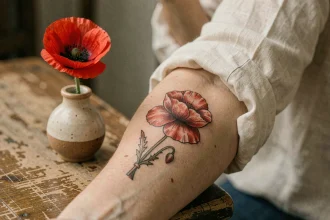 Tatouage coquelicot rouge sur l'avant-bras d'une femme, symbolisant le souvenir et la mémoire des soldats