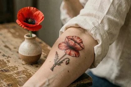 Tatouage coquelicot rouge sur l'avant-bras d'une femme, symbolisant le souvenir et la mémoire des soldats