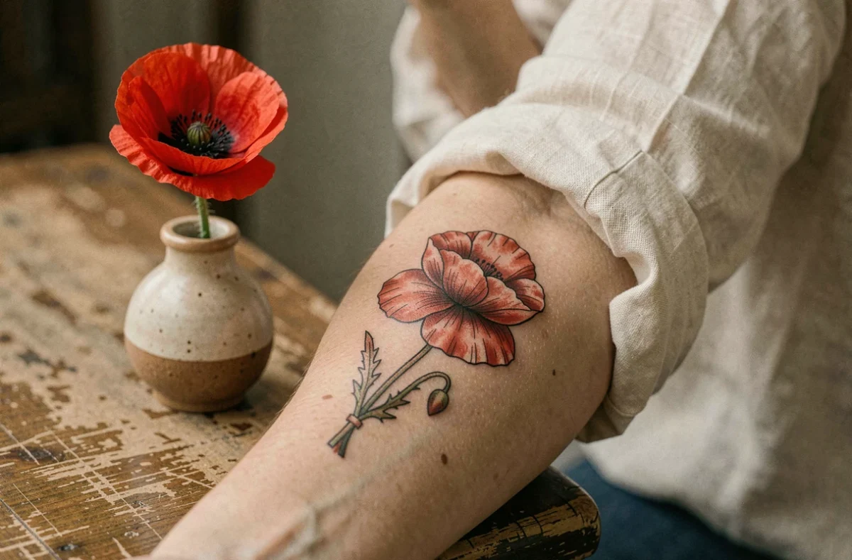 Tatouage coquelicot rouge sur l'avant-bras d'une femme, symbolisant le souvenir et la mémoire des soldats