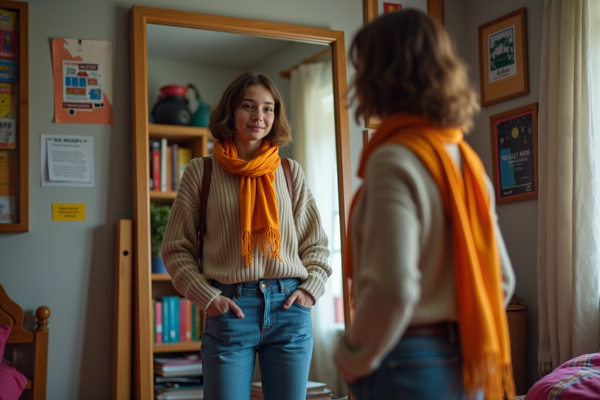 Jeune nonbinaire devant un miroir dans sa chambre