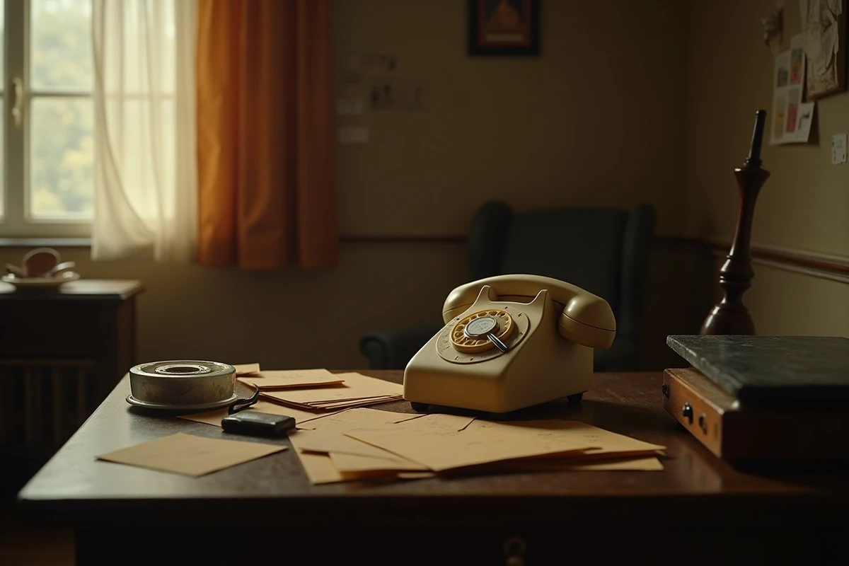 Téléphone vintage et lettres non ouvertes sur un bureau des années 70, évoquant l'isolement et la détresse émotionnelle