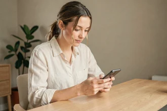 Jeune femme consultant son smartphone avec curiosité dans un bureau moderne, illustrant la fascination des internautes pour Tiffany Leidfi en 2026