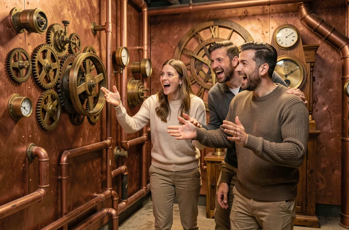 Joueurs enthousiastes manipulant des engrenages et mécanismes dans la salle steampunk de Tourbillon Escape Game