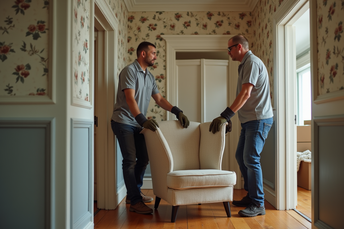 Deux hommes portant un fauteuil ancien dans un couloir