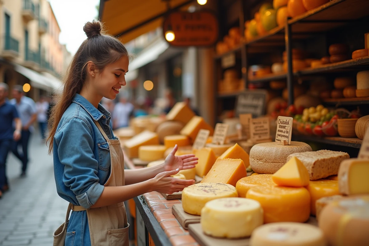 Vendeuse de fromages dans un marché espagnol présentant une sélection de quesos locaux sur des planches en bois