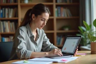 Femme vérifiant les erreurs de format d'un livre avant impression avec des épreuves papier et un logiciel de mise en page