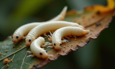 Gros plan sur des asticots blancs sur une feuille en décomposition