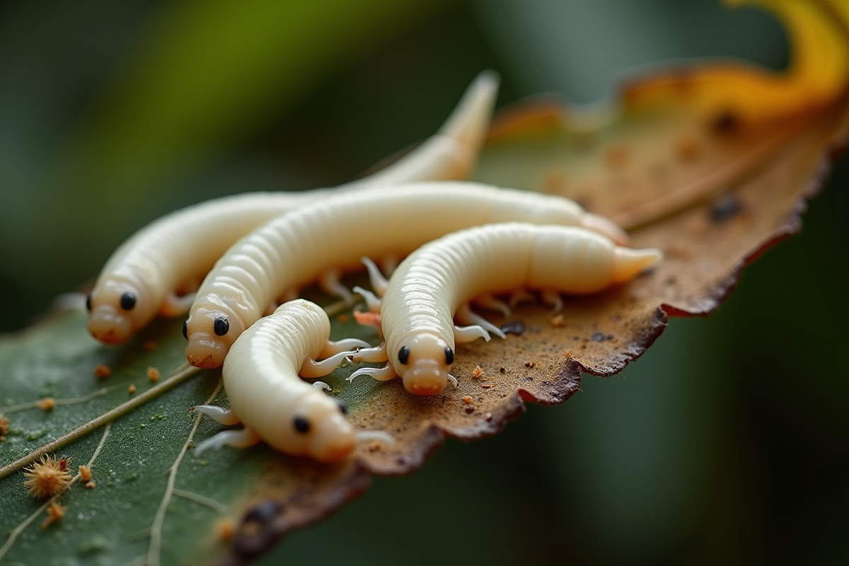 Gros plan sur des asticots blancs sur une feuille en décomposition