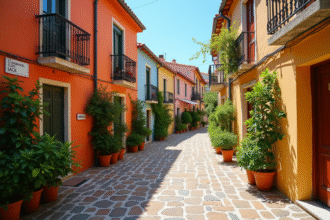 Village méditerranéen avec maisons colorées et rues pavées