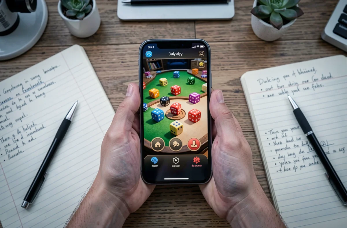 Vue de dessus d'un smartphone affichant un jeu de plateau coloré posé sur un bureau en bois